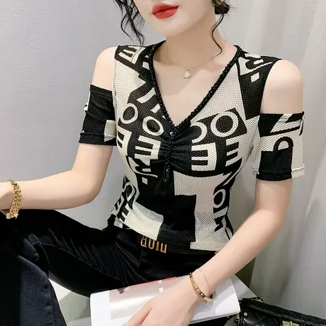 气质钉珠V领短袖T恤女2024夏季新款性感露肩小衫别致修身网纱上衣商品大图