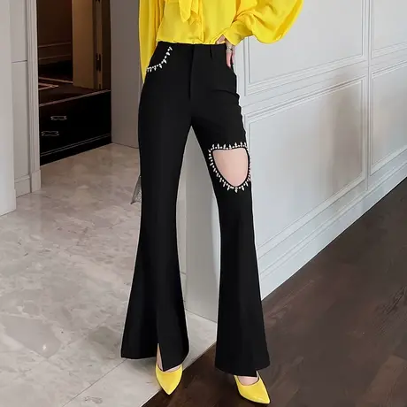 前开叉裤子女高腰微喇叭裤显瘦新款设计感小众破洞修身阔腿休闲裤商品大图