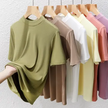 半高领五分袖女2023春夏修身打底薄款百搭白色莫代尔上衣正肩t恤商品大图