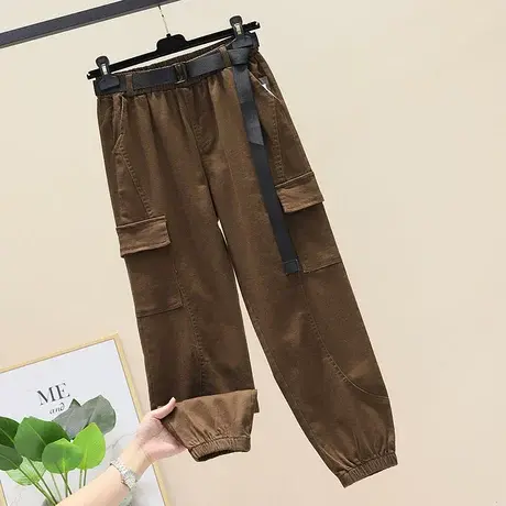 法式工装裤女宽松bf春秋酷帅气高腰束脚显瘦ins九分裤运动休闲裤图片