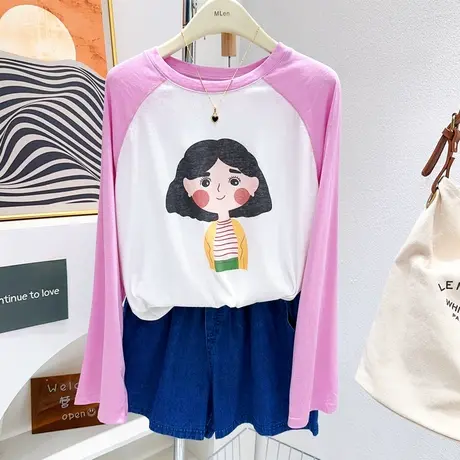 韩代款~微胖显瘦多巴胺穿搭夏季度假防晒长袖T恤雪花棉上衣宽松女商品大图