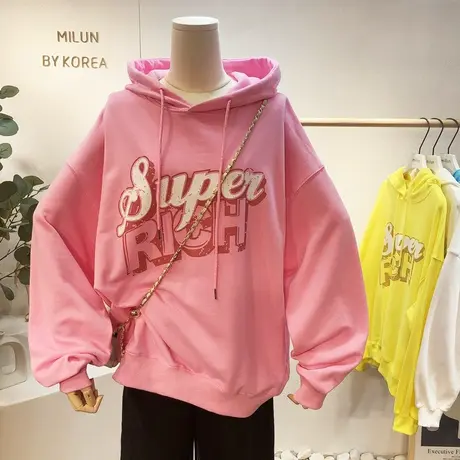 2021春季新款韩国东大门ins字母连帽卫衣慵懒风休闲宽松马卡龙色商品大图