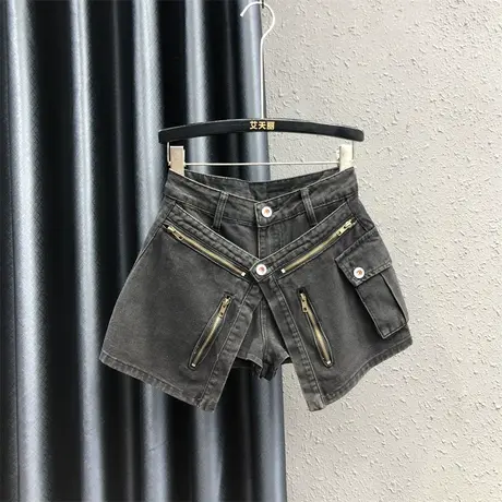 欧货假两件设计感牛仔短裤女23秋冬新款网红高腰显腿长a字阔腿裤商品大图