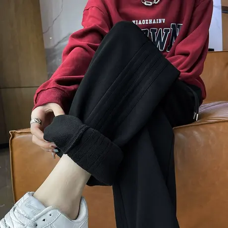 黑色加绒运动裤女秋冬2023年新款高腰直筒阔腿裤抽绳束脚休闲卫裤商品大图