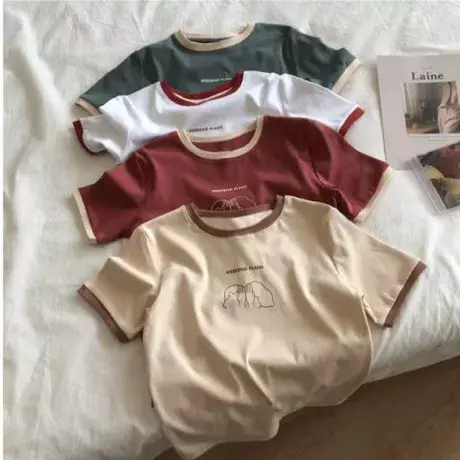 美式复古辣妹撞色正肩短袖t恤女夏修身显瘦小众别致独特短款上衣商品大图