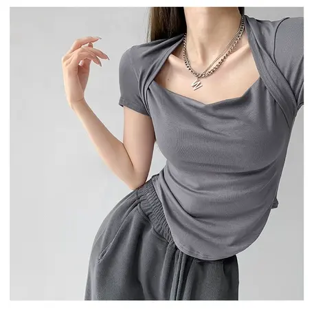 2024年早春夏季新款甜辣风上衣设计感小众假两件短款短袖t恤女装商品大图