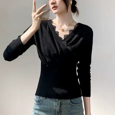 蕾丝花边设计感小众V领针织打底衫2023早春女法式温柔风上衣百搭图片