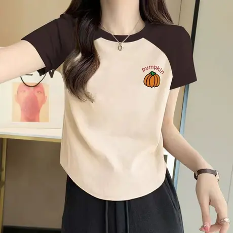 纯棉薄款小个子短袖t恤女夏季2023新款不规则短款拼接洋气上衣服图片