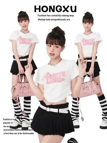 红续辣妹短款正肩短袖T恤女2023夏季新款露脐纯欲显瘦小个子bm风商品大图