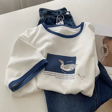 韩版文艺卡通印花领口撞色圆领短袖T恤女宽松百搭打底衫上衣夏季商品大图