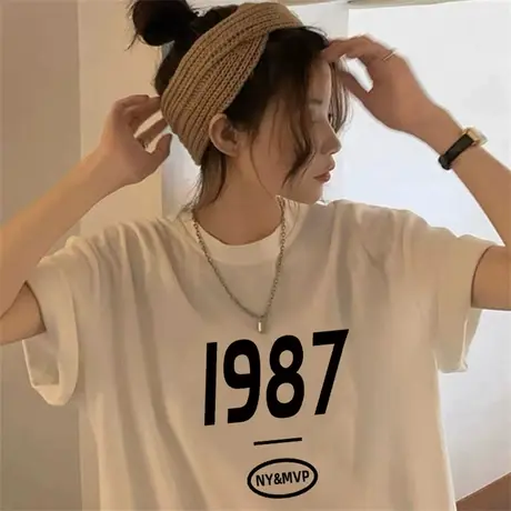 原宿风白色仿棉T恤女夏季2023年早春新款设计感小众白色短袖上衣商品大图
