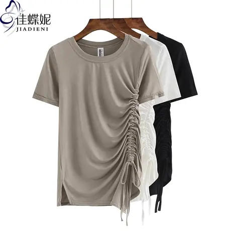 夏季新款韩版圆领抽绳侧开叉修身莫代尔棉纯色短袖体恤上衣内搭女商品大图
