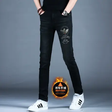2023男士新款牛仔裤子时尚刺绣精致抓绒小脚裤男潮牌棉弹保暖潮裤商品大图