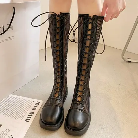 长筒马丁靴夏季薄款女2023新款透气网面英伦风长靴系带高筒骑士靴商品大图