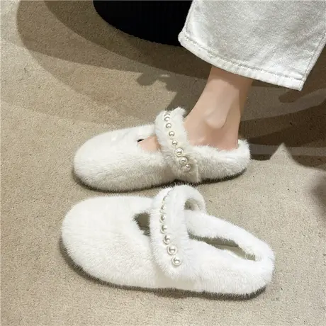 小香风珍珠玛丽珍毛毛拖鞋女外穿秋冬包头半拖孕妇鞋毛绒豆豆棉拖商品大图