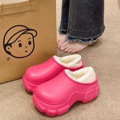 防水棉拖鞋女冬季室内加绒保暖踩屎感厚底高跟防滑包跟棉鞋可外穿商品大图