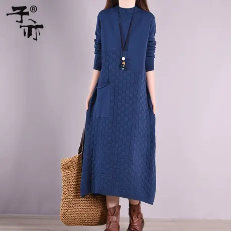 子亦冬季新款半高领休闲螺纹针织口袋打底中长款毛衣裙子图片