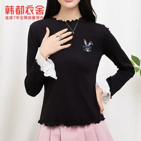 韩都衣舍2023春季新款拼接木耳边褶皱上衣女长袖T恤DFV1100025T商品大图