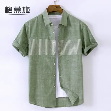 格慕施休闲衬衫男短袖竹节布潮流男士纯棉拼接青年夏季薄款衬衣服图片