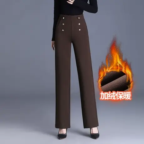气质加绒窄版阔腿裤女秋冬2023新款高腰显瘦双排扣直筒裤通勤长裤商品大图