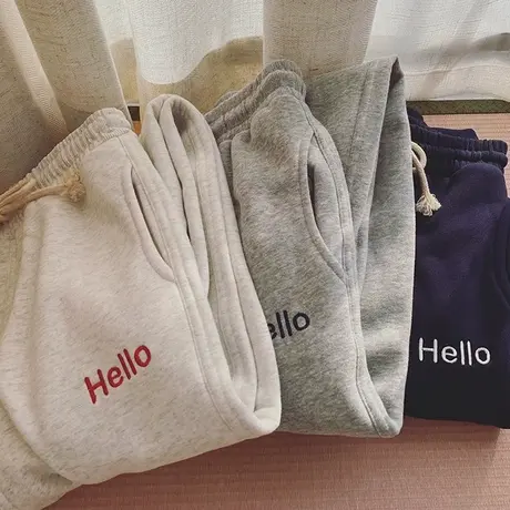 字母刺绣运动束脚长裤女秋冬季宽松高腰原宿风加绒加厚休闲阔腿裤商品大图