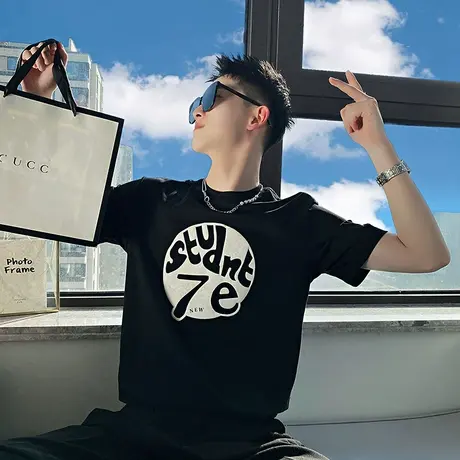 夏季短袖T恤ins潮牌半袖2023新款男装上衣痞帅夏装百搭英文半截袖商品大图