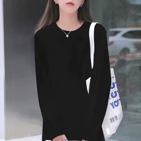 纯棉打底衫女内搭中长款长袖T恤宽松春秋新款叠穿上衣正肩袖黑白图片