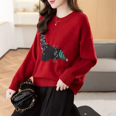 23176新款韩版宽松圆领长袖套头针织衫女士百搭卡通打底衫毛衣图片
