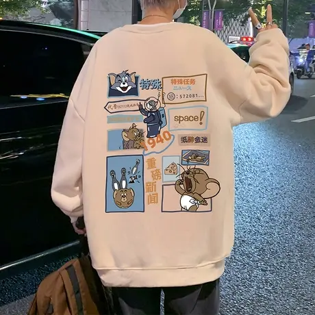 美式卡通加绒卫衣男春秋季2024新款ins潮牌圆领外套宽松长袖上衣商品大图