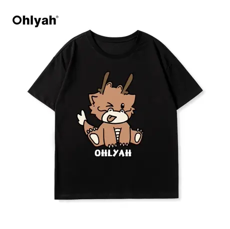 Ohlyah2024年春夏新款卡通小龙印花情侣T恤圆领宽松男女同款短袖商品大图