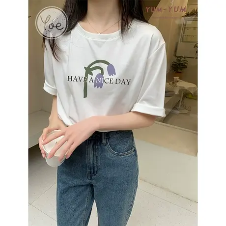 yoe短袖t恤女2022夏季新款花卉图案小众设计感白色上衣女打底休闲商品大图