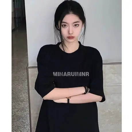百分百纯棉黑色短袖T恤女2024年新款春秋宽松美式复古高街潮牌衣图片