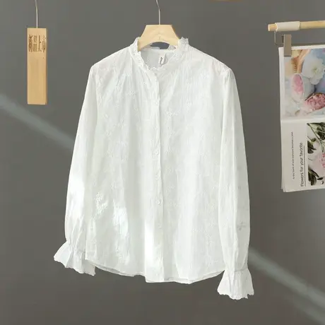 喇叭袖蕾丝边立领白色衬衫女百搭打底衫衬衣2024新款春季外穿上衣商品大图