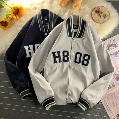 字母数字美式棒球服男秋冬季港风外套工装情侣ins潮牌飞行员夹克商品大图