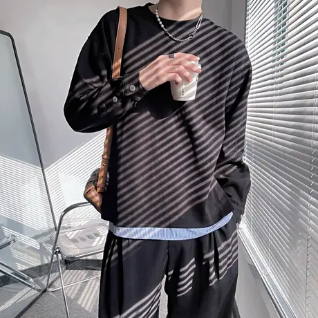 卫衣T恤男春季拼接假两件宽松外套上衣ins轻熟风潮牌长袖打底t恤图片