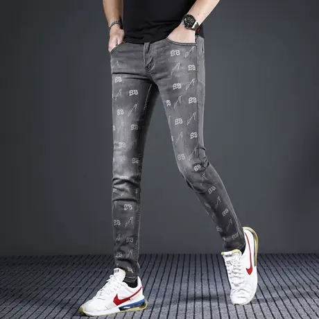 欧版牛仔裤男修身小脚2024新款春夏季薄款潮牌印花男士裤子烟灰色商品大图