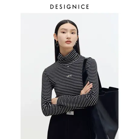 迪赛尼斯冬季新款通勤T恤时尚气质条纹修身刺绣打底针织衫女士商品大图