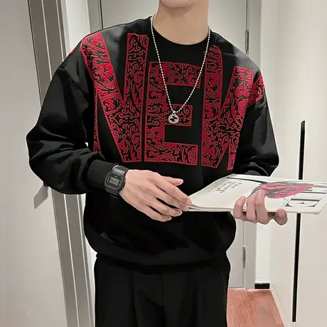 设计感国潮拼色印花卫衣男春季2024新款潮牌ins重磅宽松长袖T恤衫商品大图