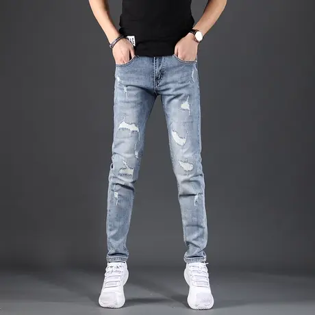破洞牛仔裤男潮牌夏季新款修身小脚浅色长裤潮流韩版水洗百搭裤子商品大图