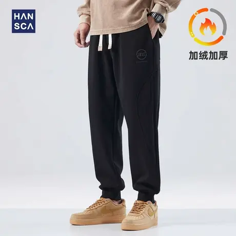 hansca黑色重磅休闲裤男2023秋冬厚款潮牌宽松抽绳加绒束脚运动裤商品大图