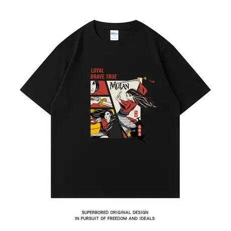 花木兰国潮印花短袖T恤男夏季纯棉宽松圆领半袖情侣装体恤上衣商品大图