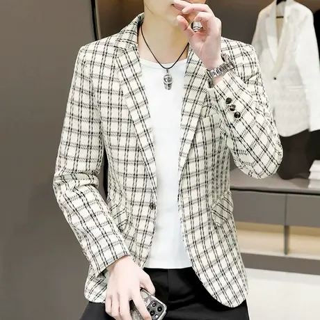 韩版修身格子单西服男士春秋季潮流英伦休闲小西装痞帅气上衣外套商品大图