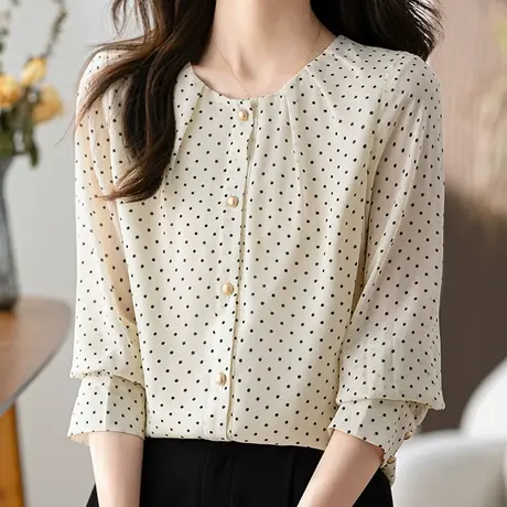 【3月4春新品8折】复古法式优雅波点圆点雪纺衫圆领长袖头套上衣图片