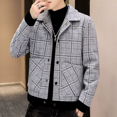男士翻领格子呢子夹克秋冬季韩版毛呢休闲帅气短款加厚外套潮冬装图片