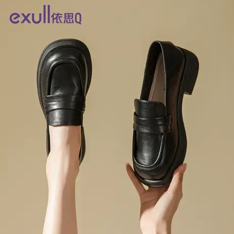 依思q粗跟厚底鞋女2023新款春秋通勤女鞋不累脚小个子软底乐福鞋商品大图