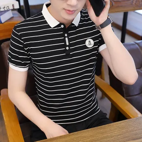 夏季短袖t恤男士韩版潮流翻领条纹polo衫潮牌半袖学生上衣服衬衫商品大图