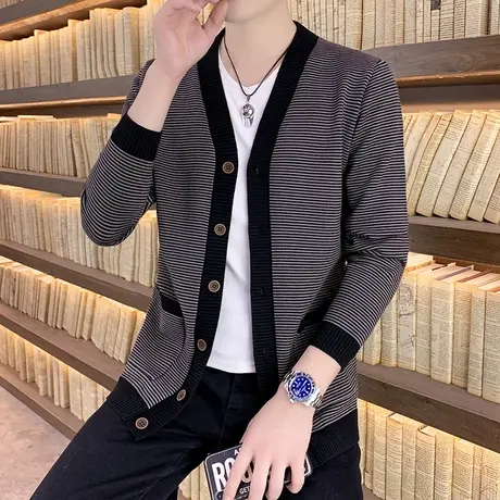 毛衣外套男士针织开衫春秋薄款韩版秋季新款潮流帅气外穿条纹线衣商品大图