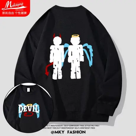 欧美潮牌天使恶魔涂鸦印花大码卫衣男圆领秋季宽松不一样的情侣装商品大图