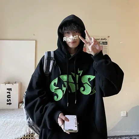套头连帽卫衣男秋冬季潮流痞帅宽松百搭外套ins港风立体字母上衣商品大图