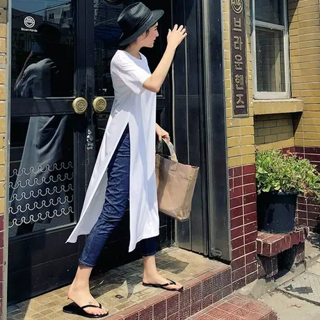 夏装新款过膝长款双开叉T恤女韩版宽松大码休闲时尚体恤衫上衣潮图片